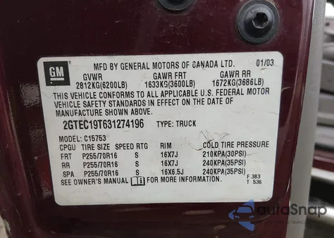 2003 GMC Sierra 1500 Slt из США, поврежденный, VIN 2GTEC19T631274196